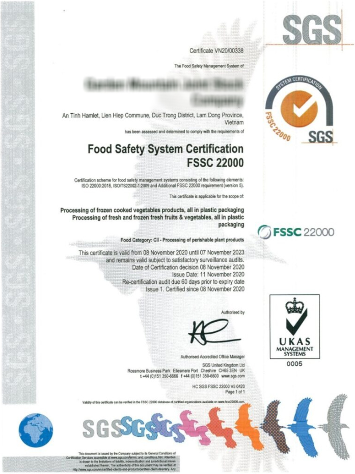 Mẫu chứng nhận fsc22000
