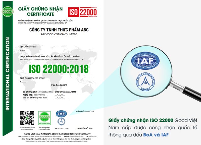 Giấy chứng nhận ISO 22000:2018 được Good Việt Nam cấp công nhận quốc tế thông qua dấu BoA và IAF Giấy chứng nhận ISO 22000:2018 được Good Việt Nam cấp công nhận quốc tế thông qua dấu BoA và IAF