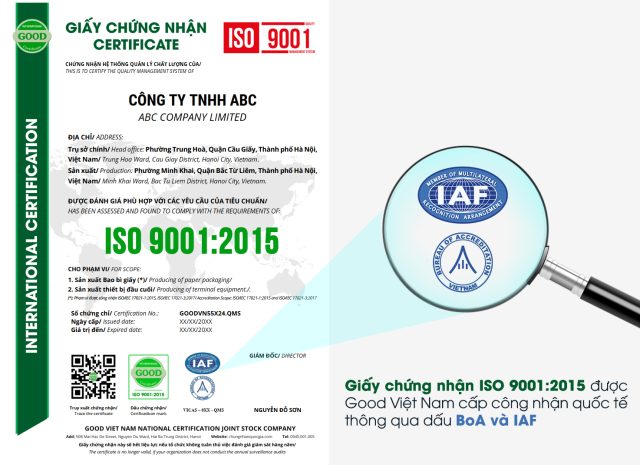 chung nhan iso 9001 good viet nam iaf Giấy chứng nhận ISO 9001:2015 được Good Việt Nam cấp công nhận quốc tế thông qua dấu BoA và IAF