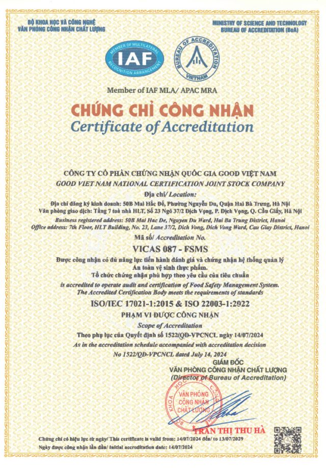 Công nhận IAF của Good Việt Nam Công nhận IAF ISO 22000:2018 của Good Việt Nam