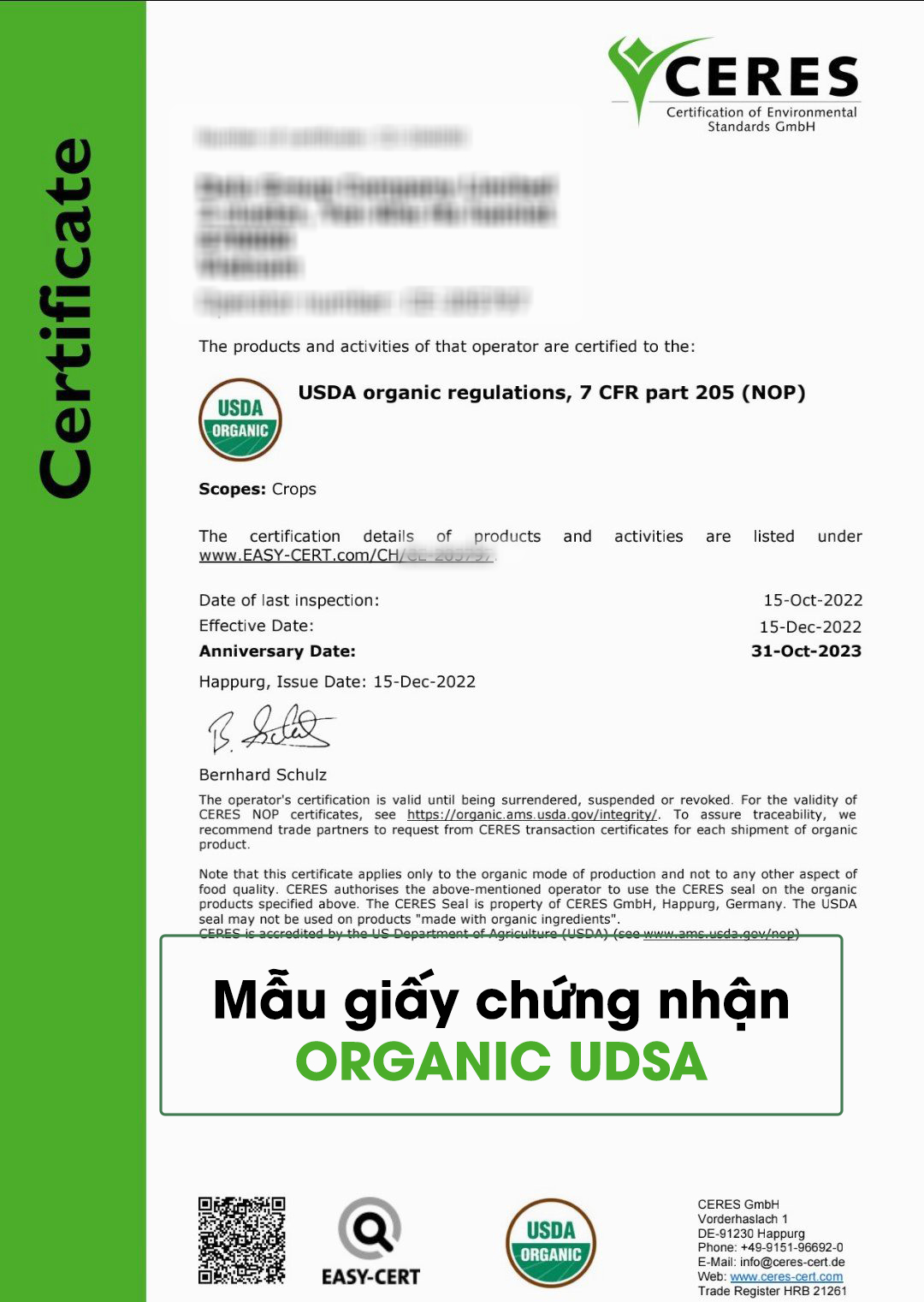 mẫu giấy chứng nhận ORGANIC UDSA