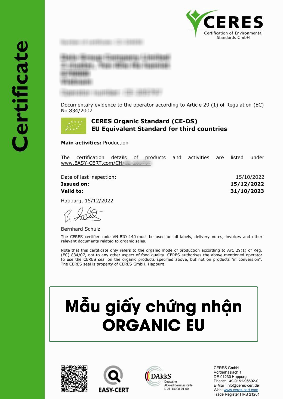 mẫu giấy chứng nhận organic EU